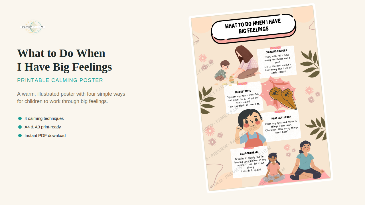What to Do When I Have Big Feelings, Printable Calming Poster Pink - Image 2
