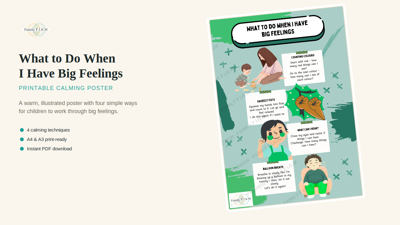What to Do When I Have Big Feelings, Printable Calming Poster Blue/Green - Image 2