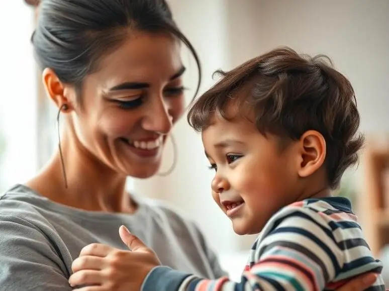 A close-up shot of a caring family support worker interacting with a child in a warm, inviting environment.